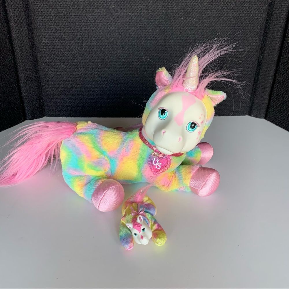 Unicorn Surprise Tie Dye Plush Mom with 1 Baby Rainbow Horse Ponies Stuffed.
